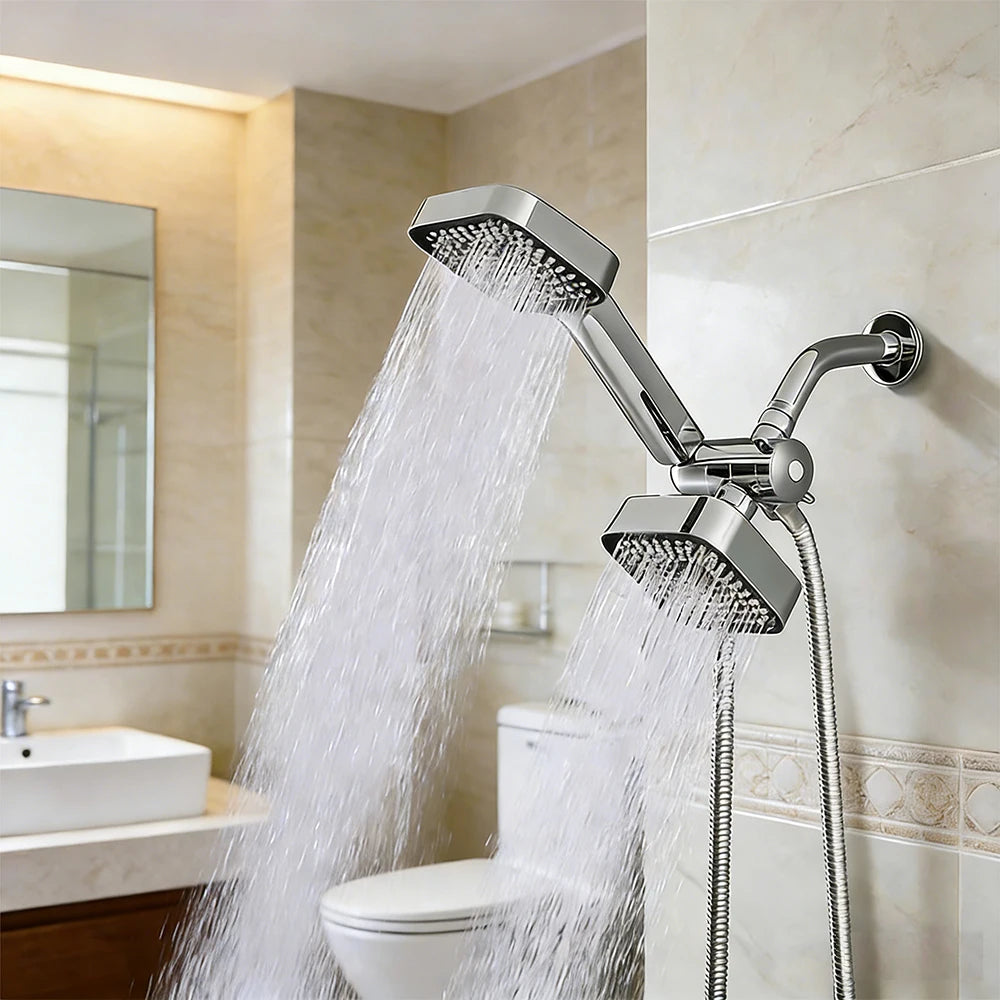 2-in-1 Square Rain + Handheld Shower Head Combo with Hose & Valve