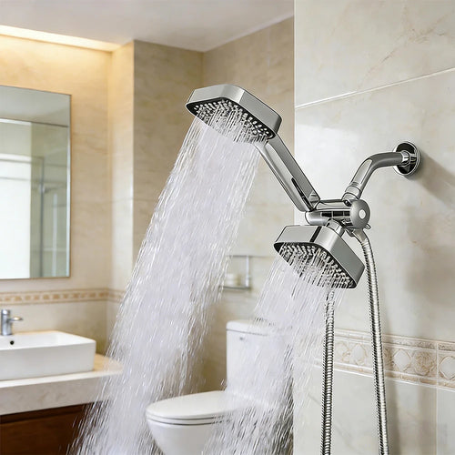 2-in-1 Square Rain + Handheld Shower Head Combo with Hose & Valve