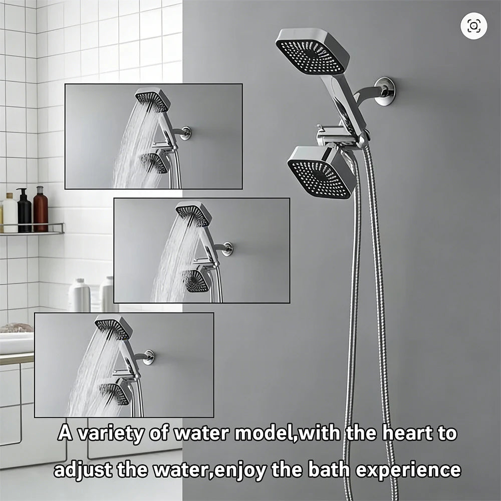 2-in-1 Square Rain + Handheld Shower Head Combo with Hose & Valve
