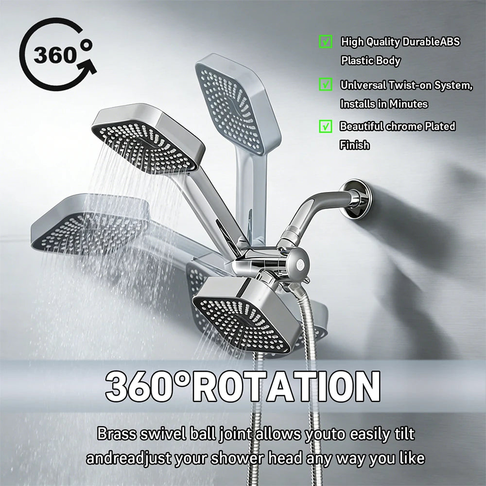 2-in-1 Square Rain + Handheld Shower Head Combo with Hose & Valve